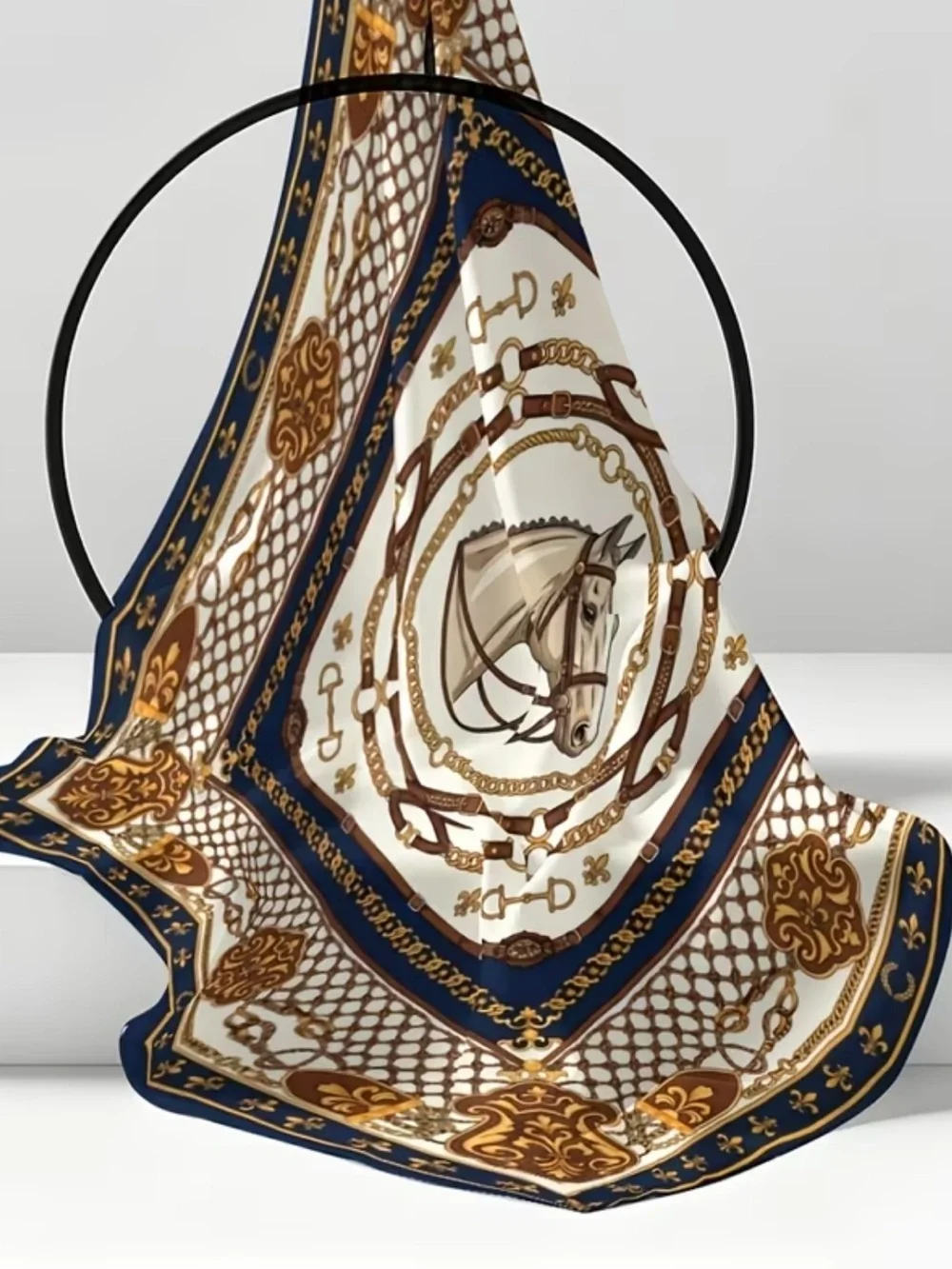 Decorative Horse-Print Scarf in Navy and Gold